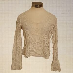 Whimsy Goth Mesh Lace Embroidered Floral Crop Top Long Sleeve Medium Dulcie Off